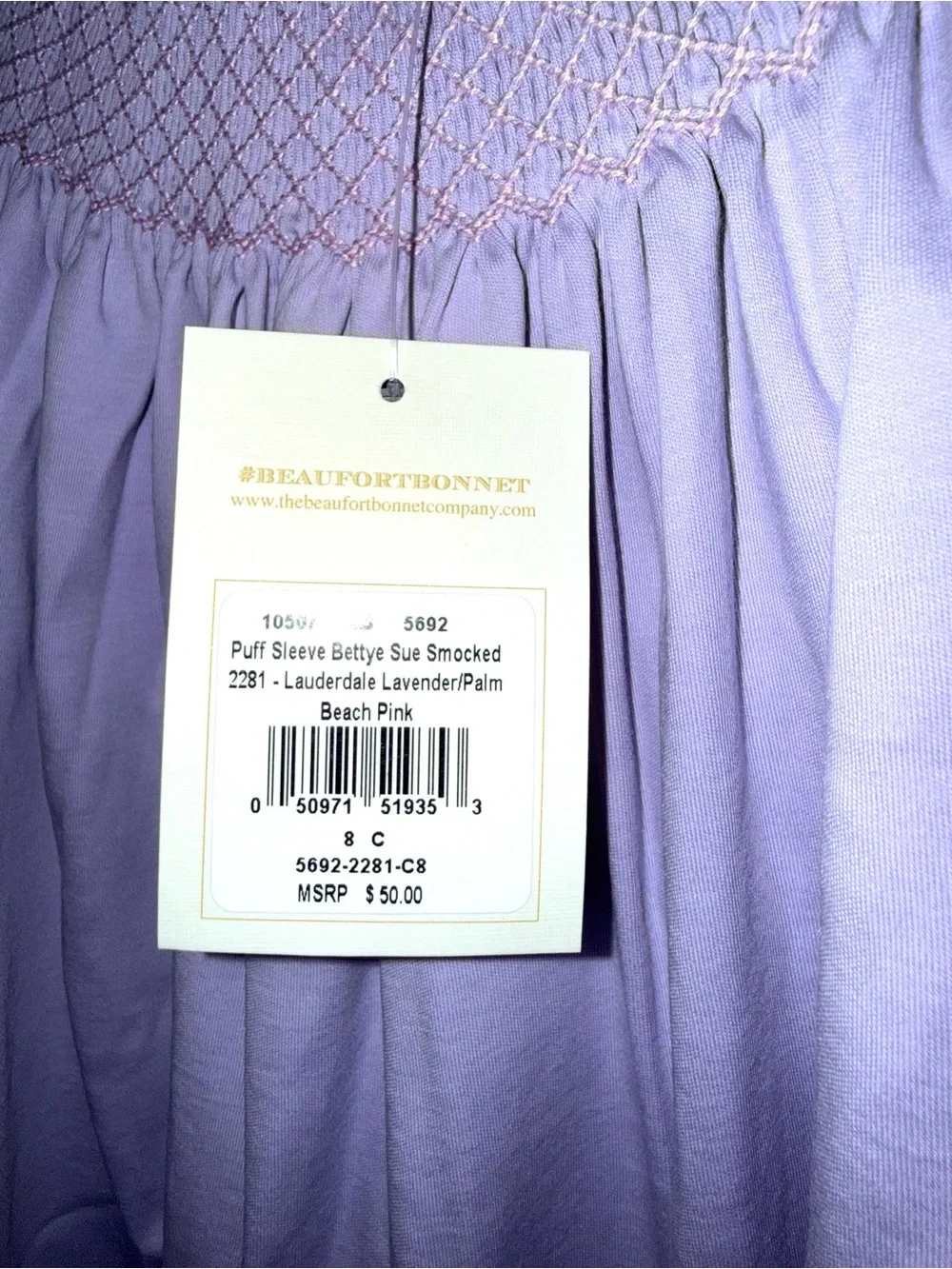 TBBC Puff Sleeve Bettye Sue Smocked Top in Lauderdale Lavender, size 8, NWT